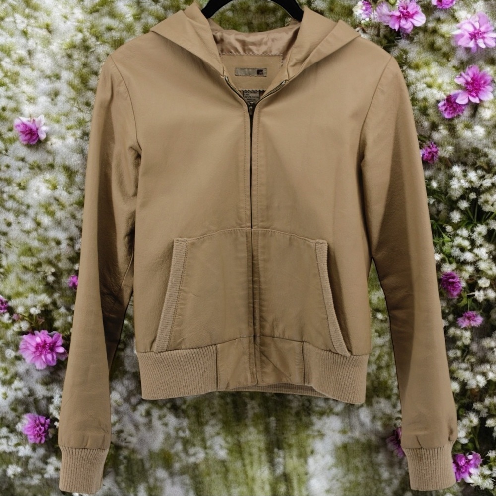 Vintage Y2K Buckle Tan Leather Hooded Granola Girl Moto Jacket Size M